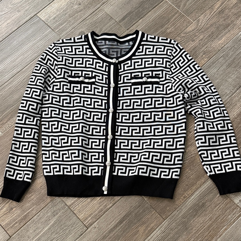Black and White Geometric Knit Cardigan Sweater with silver buttons